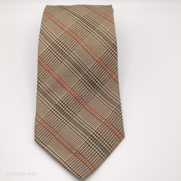 Vintage Brooks Brothers Makers Tan Khaki Silk Cotton Blend Tie  Houndstooth - Picture 2 of 8